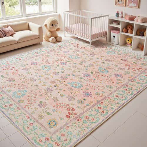 Goideal Pale Pink Nursery Rug, 6x9 Floral Washable Area Rug Non Slip, Boho Low Pile Carpet with Rubber Backing for Bedroom Living Room Bathroom Playroom Entryway Office