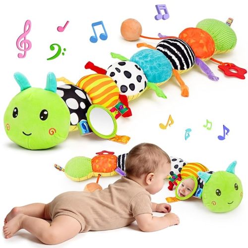 Baby Sensory Toy 0-6 Month Music Animal Stuffed Plush Caterpillar Toy for Infant 0-3-6-12 Month Old Tummy Time with Mirror Crinkle Rattle Toys for Newborn Boys Girl Shower Gifts Easter Basket Stuffer