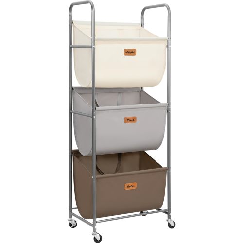 STORAGE MANIAC 120 Liters Vertical Rolling Laundry Hamper, 3 Section Laundry Sorter with Wheels and 2 Breaks, 3-tier Laundry Baskets for Small Space, Dorm, Laundry Room, Closet, Bathroom, Gray 3-tier