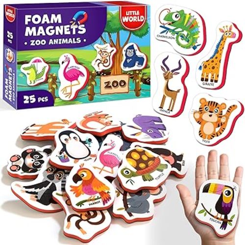 Little World Large Set of Safe and Durable Fridge Magnets for Toddlers 1-3 | Foam Refrigerator Magnets for Kids with Gift Box | Waterproof, Non-Toxic Zoo Magnetic Animals for Children and Babies 1+