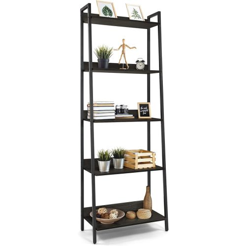 CAPHAUS 5 Tier Ladder Bookshelf, 24 Inch Width Free Standing Shelf, Bookcase Shelf Storage Rack Organizer, Industrial Book Shelves for Home Office, Living Room, Kitchen, Black Wooden Shelves