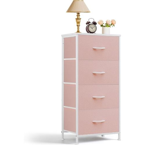 4 Drawers Dresser for Bedroom, Fabric Storage Tower Organizer with Wooden Top and Steel Frame, Tall Chest of Drawers for Closet, Entryway, Dorm, Pink