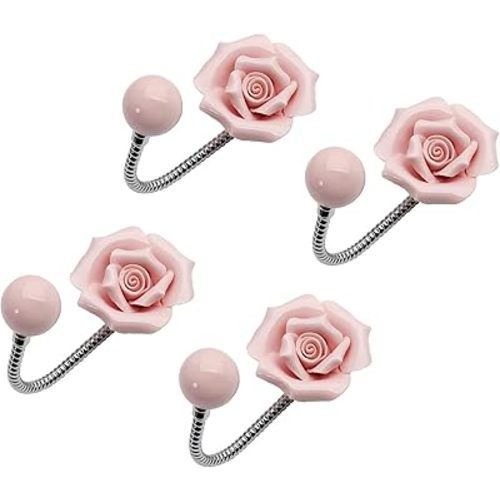 Beautiful 3D Flower Ceramic Wall Coat Hook, Chrome Decorative Robe Hook, Scarf, Bag, Towel, Hat etc for Kitchen Bathroom Office-Rose Pink-4 Pack