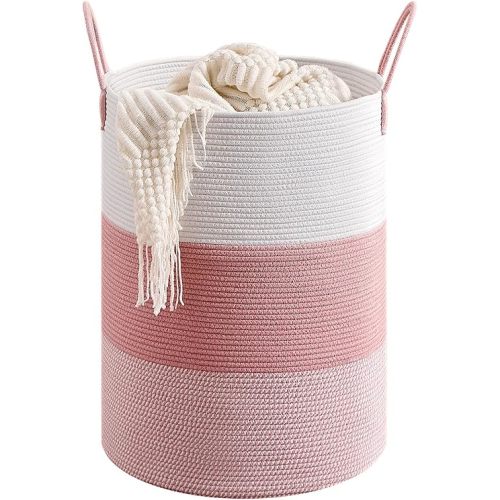 CLHMILY&Z 80L Laundry Basket Round Storage Rope Basket - 16.5x22.5 Inches - Pink Hamper in Bedreoom and Cute Storage Bin for Blankets, Toys, and Nursery Essentials