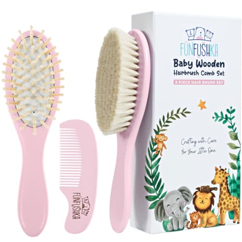 FUNFUSHKA Baby Hair Brush Set for Newborns - Baby Brush and Comb Set - Ultra Soft Goat Hair Bristles, Perfect for Cradle Cap, Newborn Showers & Registries Gift, Comb Brush for Girls & Boys (Rosa)