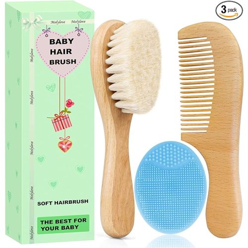 Baby Hair Brush with Wooden Handle and Comb Set for Newborns & Toddlers | Natural Soft Goat Bristles l Wood Comb l Blue Cradle Cap Brush| Ideal for Cradle Cap (3 Piece)