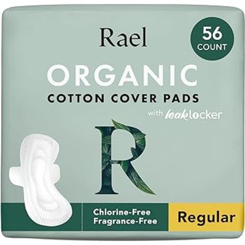 Rael Organic Cotton Cover Pads - Regular Absorbency, Unscented, Ultra Thin Pads with Wings for Women (56 Total)