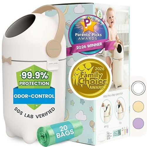 iTouchless Odor-Locking Diaper Pail - 2026 Award-Winning Ag+ Silver Ion Nursery Bin - Fits Any Bag, No Refills Needed - Includes 20 Leak-Proof Bags (Holds 300 Diapers) - Sand Almond Versatile Bin