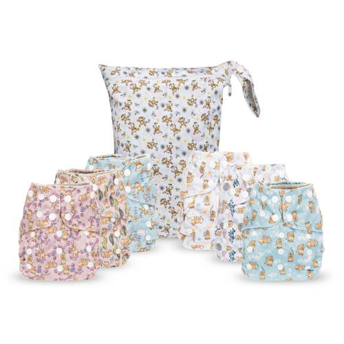 Simple Being Reusable Cloth Diapers,6 Pack Pocket Adjustable Size,Waterproof Cover,6 Inserts,Wet Bag, Double Gusset (Monkey)