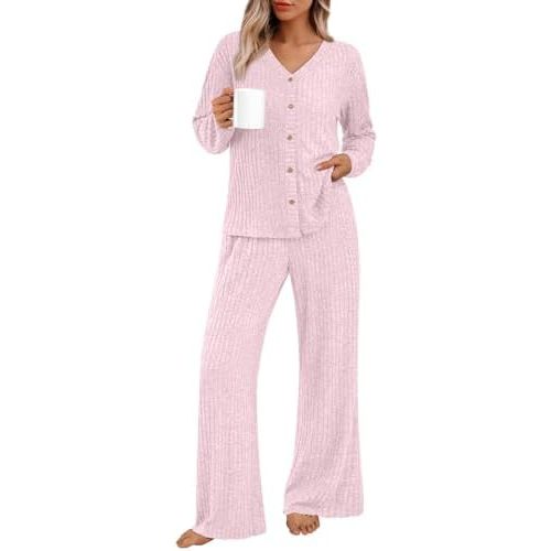 LILLUSORY Women 2 Piece Lounge Pajamas Sets Fall Matching Sleepwear Outfits Ribbed Knit Long Sleeve Tops 2025 Comfy Clothes
