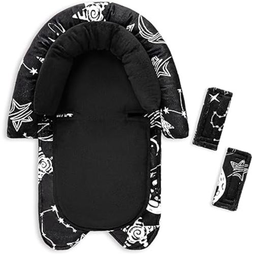 GFU Baby Car Seat Head Support for Newborn, 2 in 1 Infant Car Seat Head Body Support with Strap Pads, Soft Stroller Cushion Pillow Insert for Girls, Fits for Stroller, Swing, Black Star