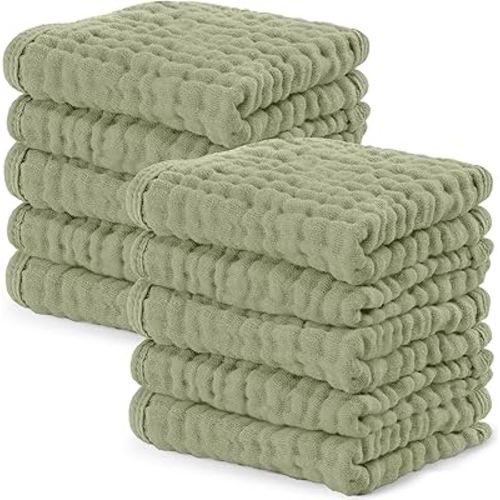 Comfy Cubs Muslin Baby Washcloths 10 Pack - Soft 6-Layer Cotton Wash Cloths for Sensitive Skin - 10"x10" Large, Gentle, Absorbent Infant Essentials for Newborn and Toddlers - Sage