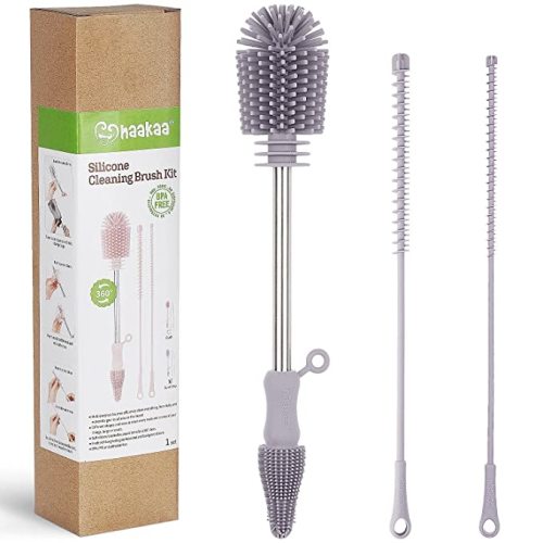 haakaa Cleaning Brush Kit Grey - Silicone Bottle Brush Cleaner Baby Bottle Brush Set Reusable Silicone Brush Soft Bristles for Breast Pump,Baby Bottle,Nipple,Straw,Milk Storage Bag,All-Round Cleaning - Cleaning Brush Set - Suva Grey
