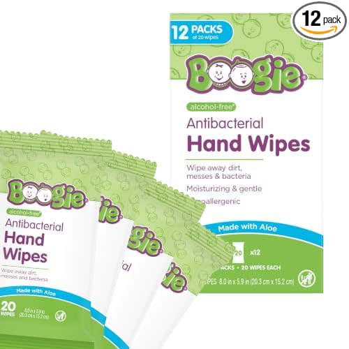 Antibacterial Hand Wipes by Boogie, Hypoallergenic and Moisturizing Aloe, Hand Wipes for Kids and Adults, 12 Packs of 20 (120 total wipes)