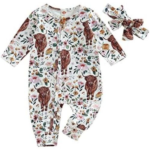 CIYCUIT Baby Girls Highland Cow Floral Outfits Newborn Zip Up Onesie Romper with Headband Western Clothes 0-3 Months