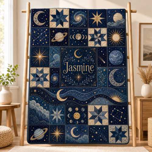 Personalized Celestial Quilt Blanket, Navy Moon and Stars Patchwork, Custom Name Bedding