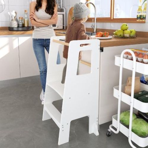 KTMBDW Toddler Standing Tower Adjustable Height - Super Stable Toddler Kitchen Stool Helper - 3 Levels Adjustable Wooden Kids Kitchen Stool, White
