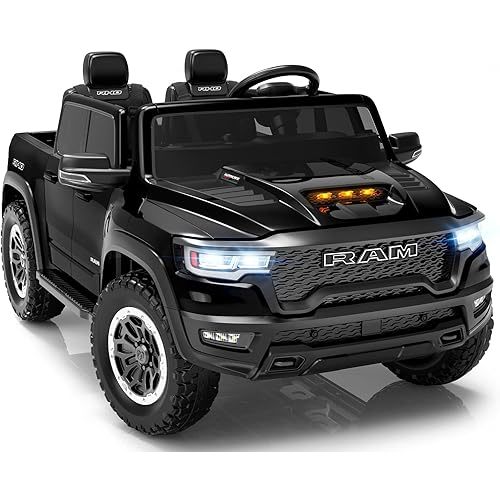 24V Ride on Toys for Big Kids, Licensed RAM 1500 RHO Electric Car for Kids w/Remote Control, Ride on Truck w/Bluetooth, LED Lights, Truck Bed Storage, Gear Shifter & Soft Start (Black)