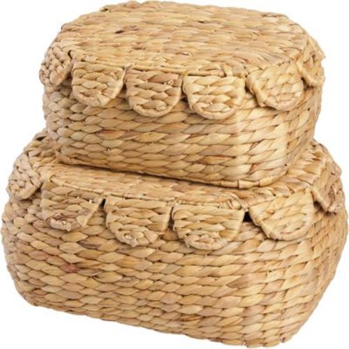 BRINJOY Round Wicker Storage Baskets with Lid - Set of 2 Scalloped Edge Hyacinth Baskets for Home Organization