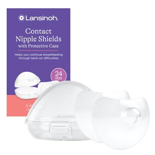 Lansinoh Contact Nipple Shields for Nursing Mothers, Ultra-Thin Soft & Flexible Medical-Grade Silicone Shields for Sensitive Nipples and Latch-On Support, (1 inch or 24mm), with Case, 2 Count