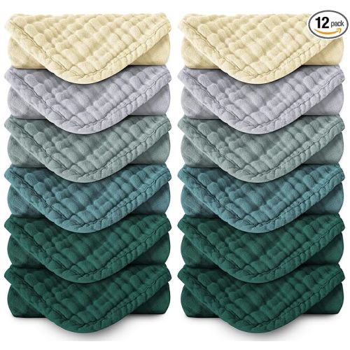 MOON PARK Baby Washcloths, 12 Pack - 12x12 Inches, Small Burp Cloths and Baby Wipes - 100% Cotton Muslin Ultra Soft for Newborn, Infant and Toddlers - Ivory, Slate and Emerald Series