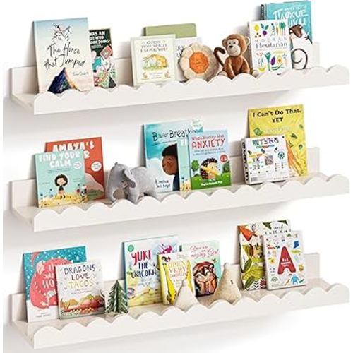 G&W Gruwald Nursery Book Shelves, Set of 3, Nursery Decor for Baby and Toddler, Scalloped Shelves, Book Shelf for Kids Rooms, Wall Book Shelf for Bedroom Kids, Floating Shelf for Wall