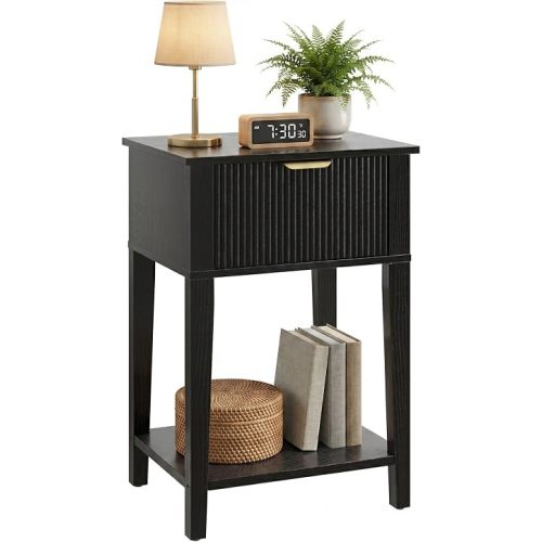 FuniXpress Black 15" Wide Small Nightstand with Drawer, Shelf, Fluted Front