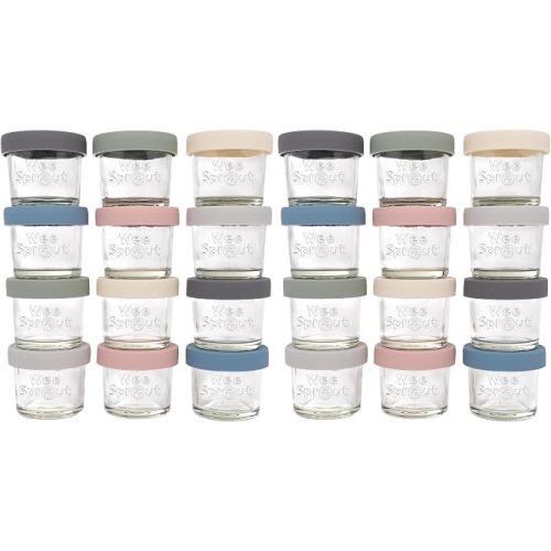 WeeSprout Glass Baby Food Storage Jars with Silicone Lids (4 oz, 24 Pack Set) Snack, Puree, Reusable Small Containers, Breast Milk, Fridge or Freezer, Essential Must Have for Infants