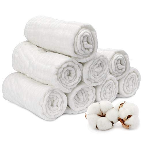 Muslin Burp Cloth for Baby Boys and Girls (8 Pack) | Cotton Newborn Essential Must Have Item | White Unisex Design | Super Soft and Absorbent Burping and Spit Up Cloths | Multi Use Baby Shower Item