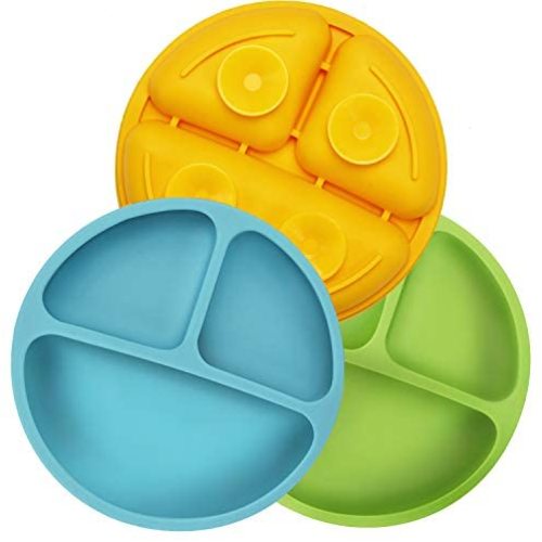 PandaEar Divided Unbreakable Silicone Baby and Toddler Plates - 3 Pack - Non-Slip - Dishwasher and Microwave Safe - Silicone (Blue Green Yellow)
