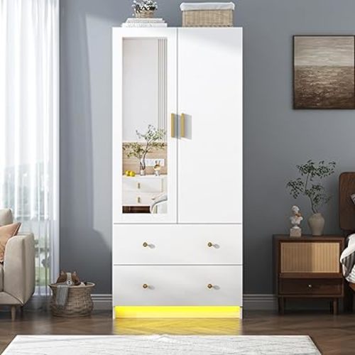 chartustriable 2 Doors Armoire Wardrobe Closet with Mirror, LED Closet with Doors and Drawers, Wooden Wardrobe Storage Cabinet with Hanging Rod, Small Armoire, White