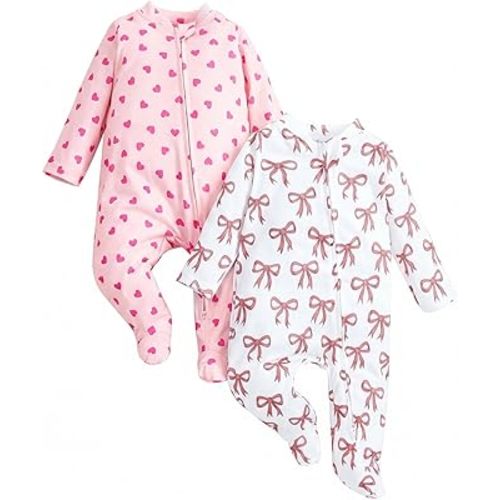 2 Pcs One-Piece Footed Jumpsuits - 2-Way Zipper, Soft & Durable Baby Sleepers for Boys Girls, Easy Care 3-6 months
