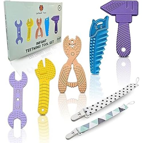Infant Teething Tools Set: Includes 2 Clips! Soft BPA Free Teething Toys, 5 Piece Construction Set, Baby Boy Essentials Einstein, Gift for Infant Toddler Boy Girl
