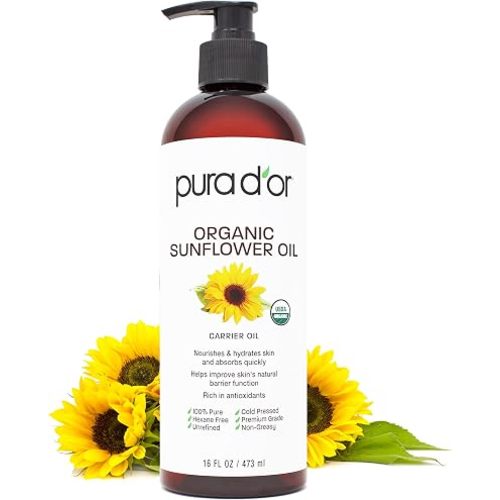 PURA D'OR ORGANIC Sunflower Seed Oil (16 Oz) 100% Pure & Natural USDA Certified Cold Pressed Carrier Oil For DIY Beauty - Unscented, Hexane Free Liquid Moisturizer - Face Skin & Hair
