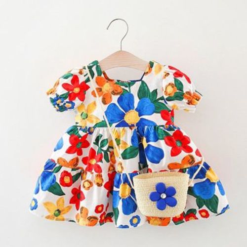 MyKids-USA Baby Floral Pattern Short Sleeve Crewneck Dress with Purse