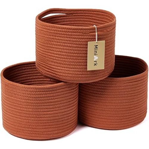Small Basket for Organizing | Cube Shelf Closet Storage Baskets | 9.7×9.7×7.1” | Woven Rope Gift Basket | Nursery | Round 3 Packs Oxide Red