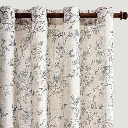 GIGIZAZA Linen Blend Living Room Curtains 96 Inch 2 Panels, Floral Black Pattern Semi Sheer Curtain Flower Window Drapes Bedroom Light Filtering Elegant Farmhouse Curtains