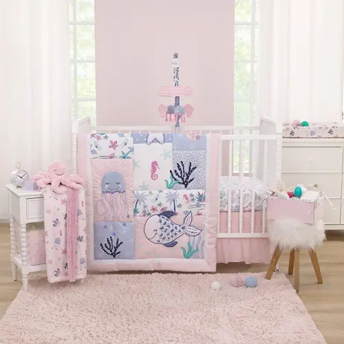 NoJo Mermaid Lagoon Pink, Blue and White Undersea Friends 4 Piece Nursery Crib Bedding Set - Comforter, Crib Sheet, Crib Skirt, and Storage Caddy
