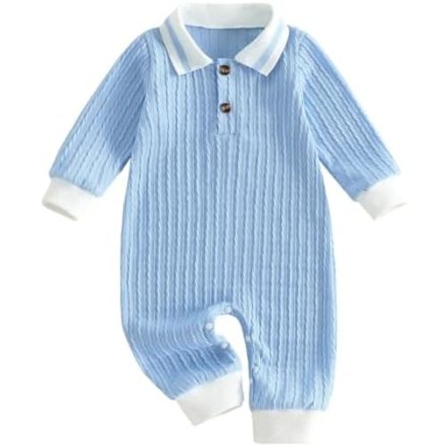 Newborn Baby Boy Clothes Textured Collared Romper Long Sleeve Button-UP One Piece Jumpsuit Solid Color Fall Outfit