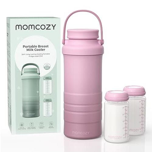 Momcozy 22oz Portable Breast Milk Cooler for Outdoor, Life Saver with 360° Total Cooling for 24 Hours, Larger Capacity Travel Breastmilk Chiller with 2pcs Baby Bottles for Breastmilk Storage, Pink