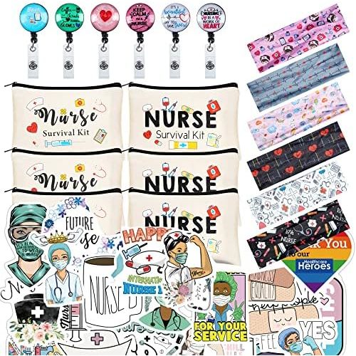Kolewo4ever 118pcs Nurse Appreciation Gifts CNA Week Gifts 6 Nurse Badge Reel Retractable 6 Nurse Makeup Bags Cosmetic Bag 6 Nursing Headbands 100 Nurse Stickers