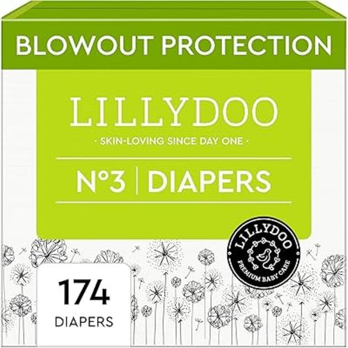 LILLYDOO Baby Diapers - Size 3 (13-22 lbs), Monthly Supply (174 Count), Leak Protection, Skin-Friendly, Ultrasoft, Perfume- & Chlorine-Free, Hypoallergenic, dermatologically Tested, Oeko-TEX®