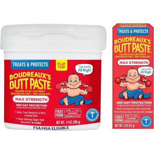 Boudreaux’s Butt Paste Max Strength Diaper Rash Cream for Baby, Ointment With Zinc Oxide, 2 oz Tube & 14 oz Jar