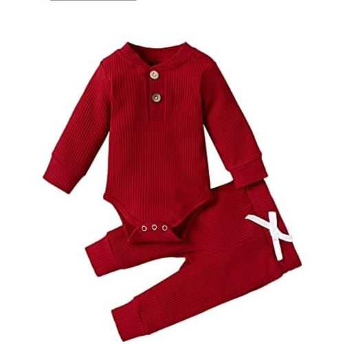 Newborn Baby Boy Girl Clothes Ribbed Knitted Cotton Long Sleeve Romper Long Pants Fall Winter Outfit Solid Color