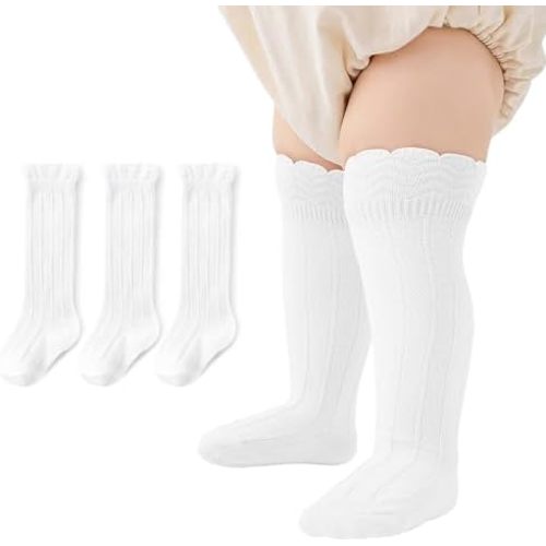 Zando Baby Girls Knee High Socks 3-Pack, Soft Cotton Long Tube Ruffle Socks for Preemie Infant Newborn Toddler 0-3T