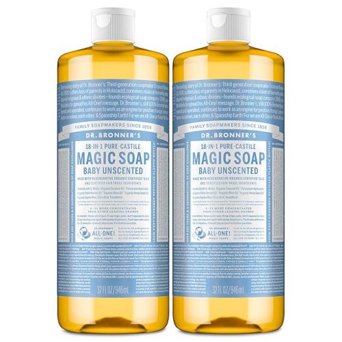 Dr. Bronner's Magic Soap-Pure-Castile Liquid Soap (Baby Unscented, 32 ounce, 2-Pack)-Regenerative Organic Certified Oils, 18-in-1 Uses: Body, Laundry & Dishes, For Sensitive Skin, No Fragrance