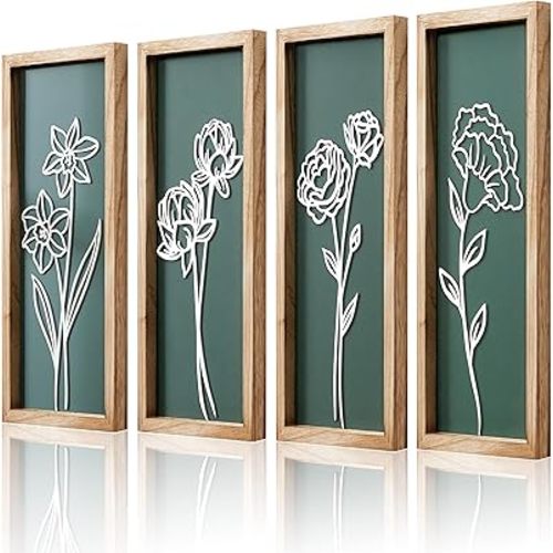 HKBS 3D Wooden Floral Wall Art, Set of 4 Framed Flowers Wall Art Sculptures, Boho Farmhouse Minimalist Decor for Bathroom Bedroom Living Room Kitchen or Office Wall Decorations Housewarming Gifts (Green)