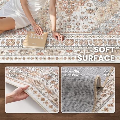 zesthome 8x10 Area Rugs for Living Room,Non-Slip Backing Washable Rugs,Vintage Large Area Rug,Stain Resistant Home Decor Rug (Orange,8'x10')