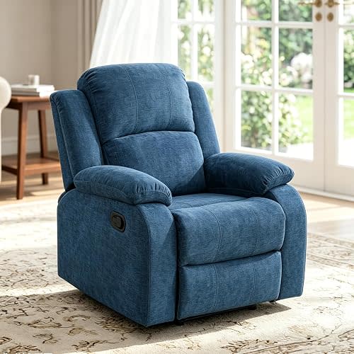 Manual Recliner Chair, Nursery Chair, Fluffy Recliner Chair for Adults, Lazy Boy, Gaming Recliner wih Overstuffed Arms, Suitable for Home Theater, Living Room, Bedroom, Light Blue