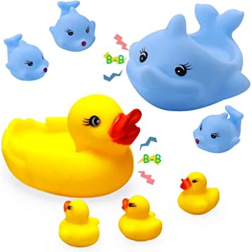 8Pcs Family Yellow Ducks and Blue Dolphin Family Large Baby Bath Toys for Toddlers Squeak Float Baby Bathtub Toys Assortment Rubber Duck Toy Duckies for Kids 1-8 Boys Girls Beach Pool Toys Baby Shower Duck Decor